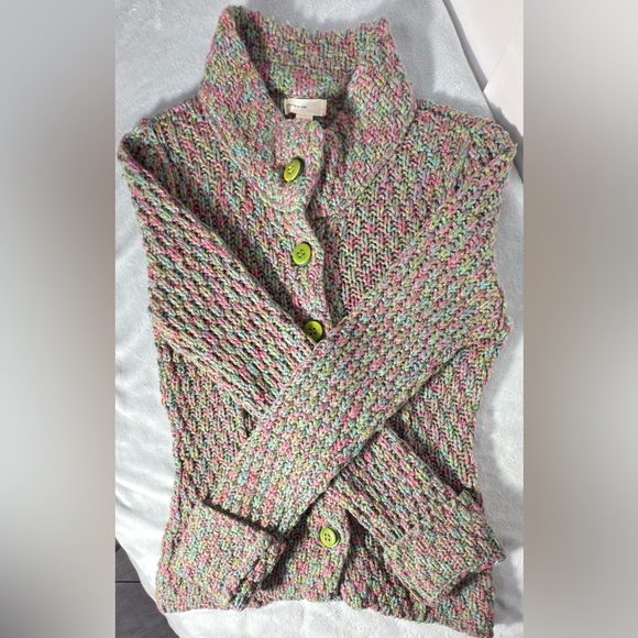 Cozy Pink and Green Button-Up Turtleneck Sweater - Picture 5 of 8